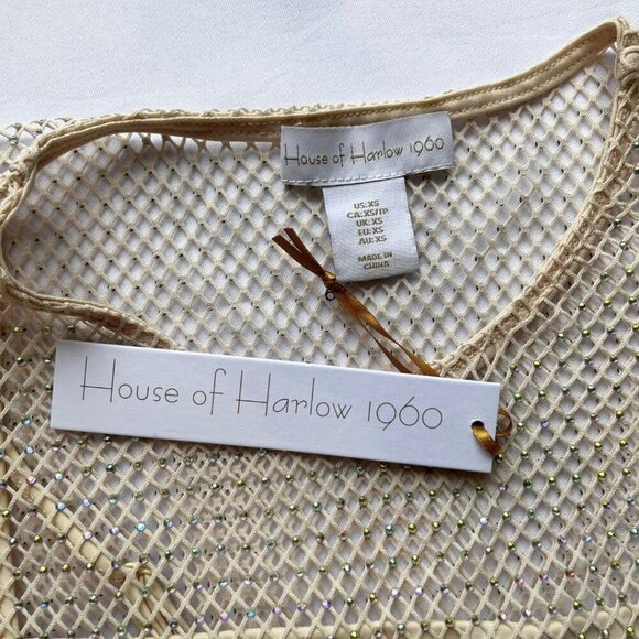 NWT HOUSE OF HARLOW CREAM SLEEVELESS MESH CRYSTAL RHINESTONE PARTY DRESS - XS - Picture 11 of 16